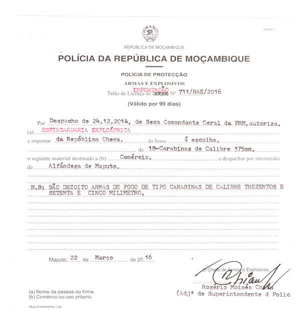 Mozambique police authorization for importation of 18 hunting rifles from the Czech Republic